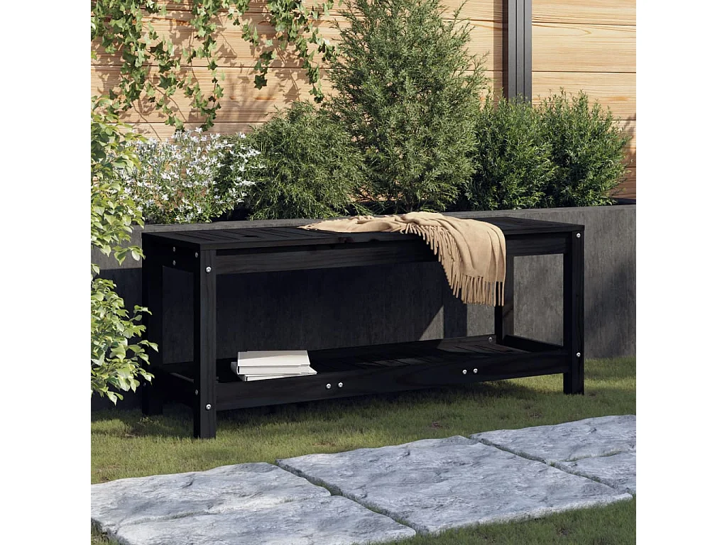 Banco de jardim preto 108x35x45 cm em madeira maciça de pinho