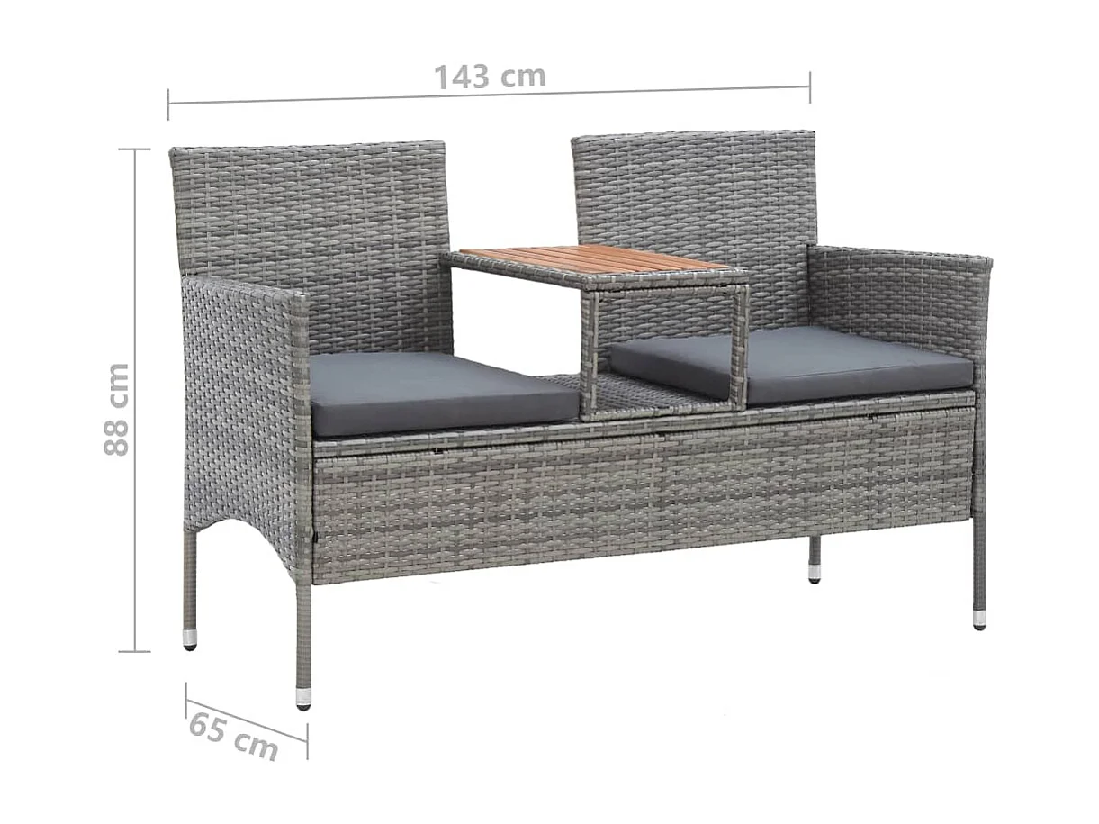 Banc de jardin 2places et table à thé 143cm Résine tressée Gris
