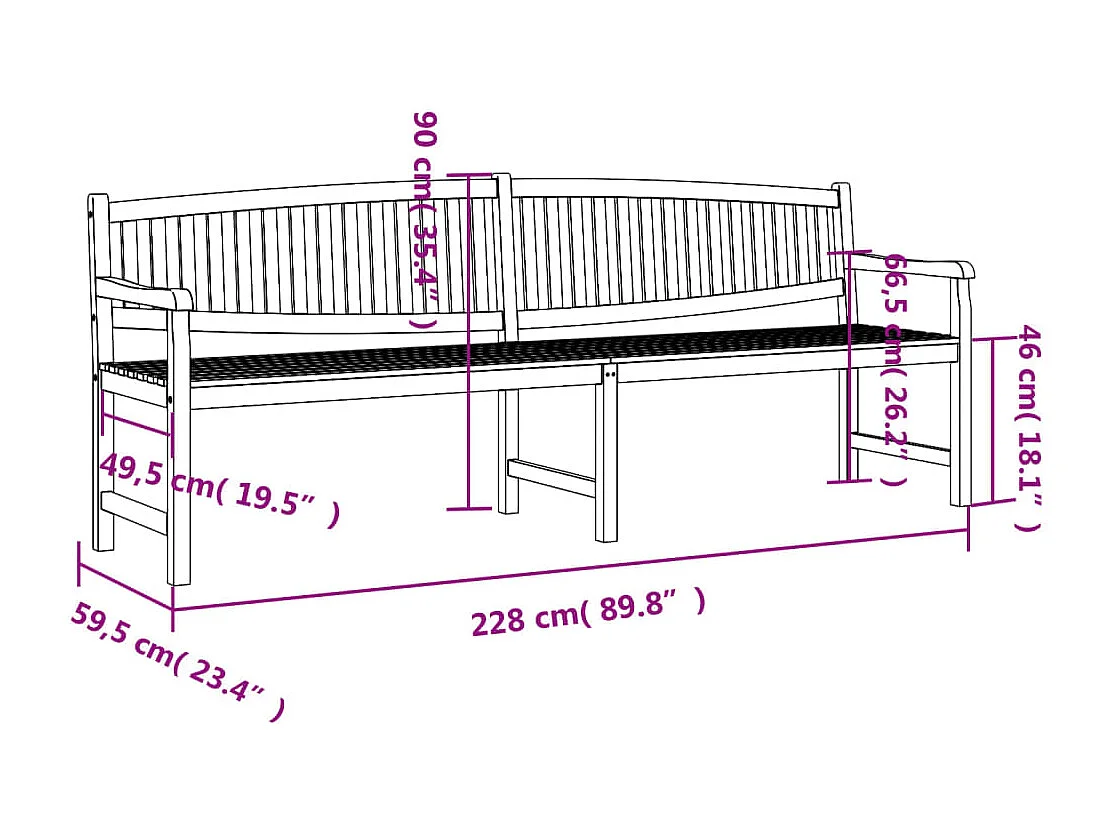 Banc de jardin 228x59,5x90 cm bois de teck solide