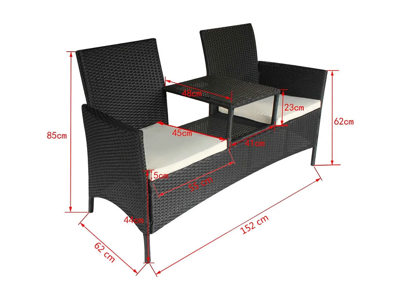Sofá de jardín de 2 plazas y mesa de té Mimbre de resina Negro