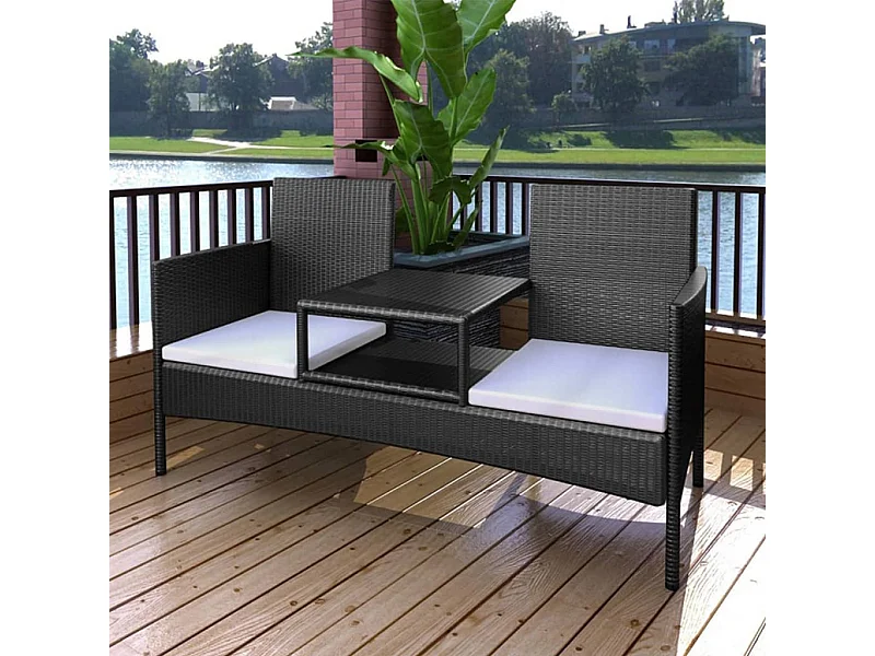 Sofá de jardín de 2 plazas y mesa de té Mimbre de resina Negro