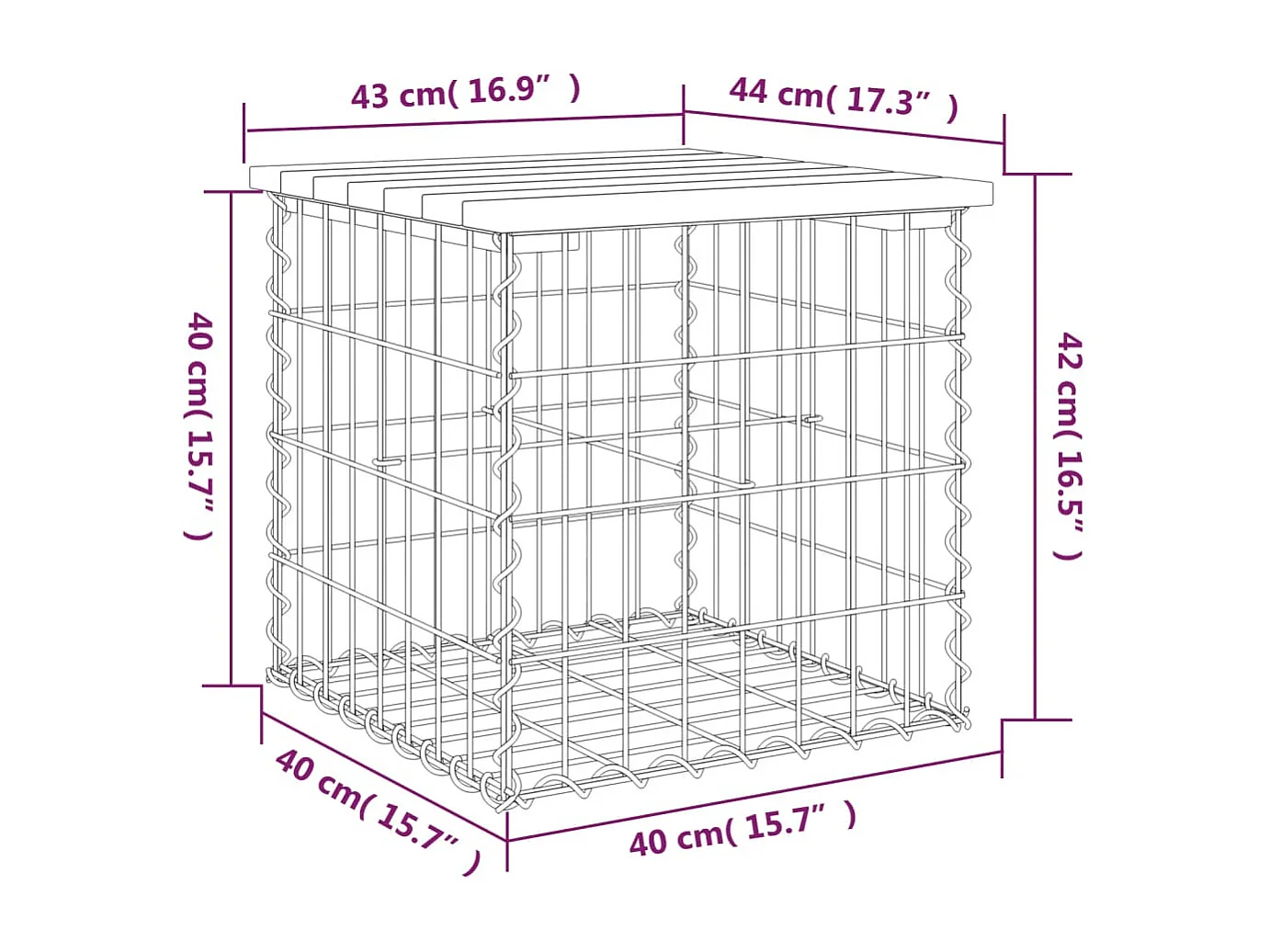 Panca da giardino design gabbione 43x44x42 cm in legno di pino impregnato