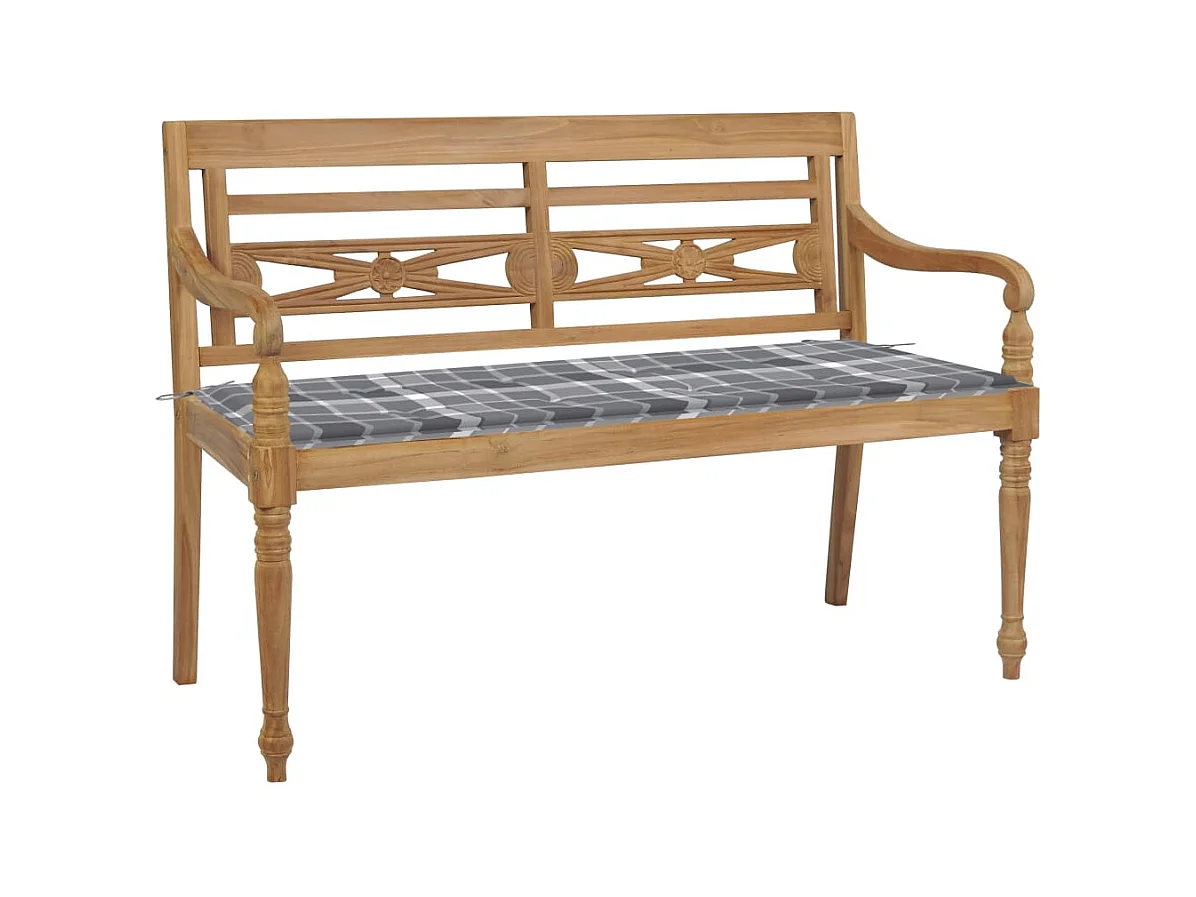 Banc Batavia avec coussin à carreaux gris 120 cm Bois de teck