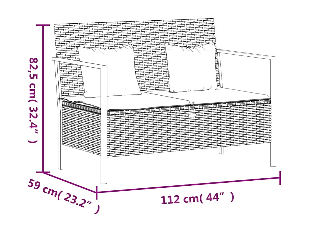 Banc de Jardin à 2 Places avec Coussins Gris Résine Tressée