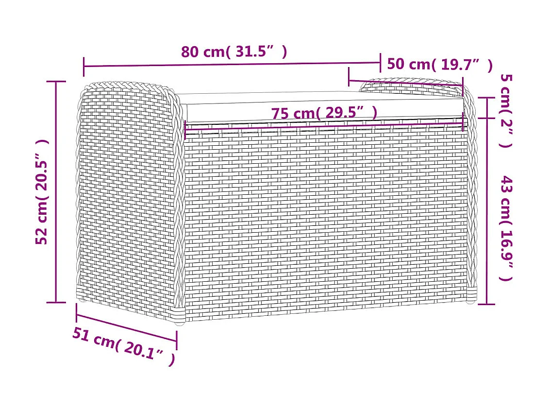 Aufbewahrungsbank mit grauem Kissen 80x51x52 cm aus geflochtenem Harz