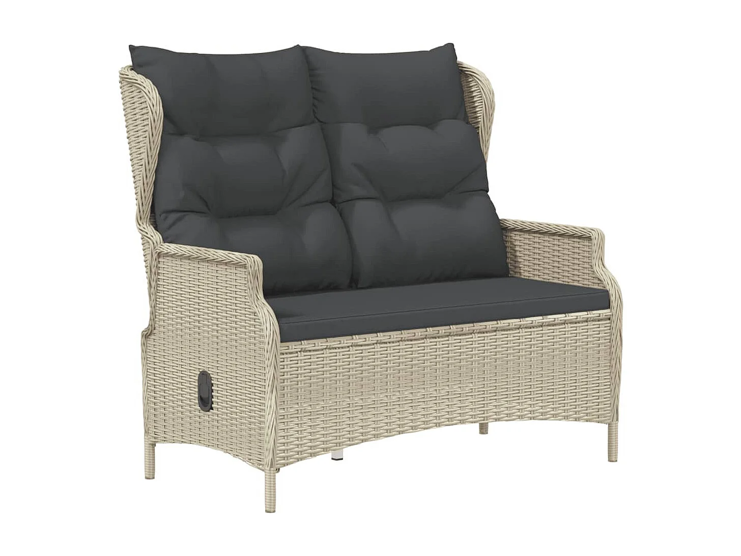 2-Sitzer-Gartenbank und hellgraue geflochtene Harzkissen