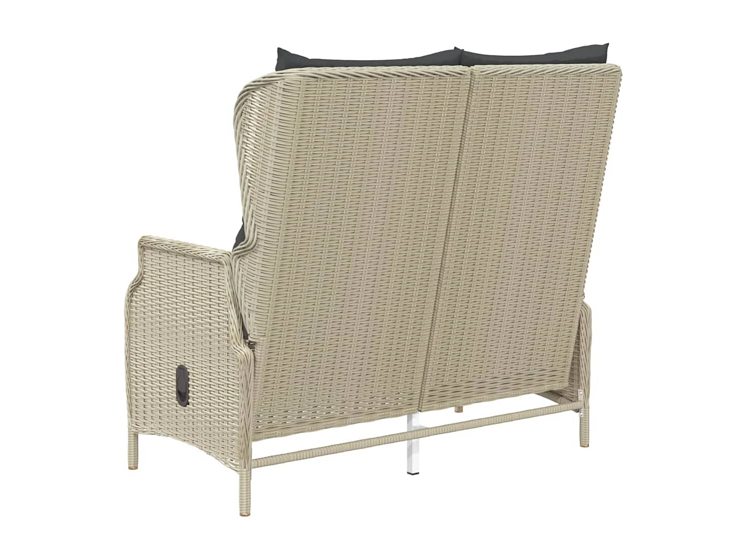 2-Sitzer-Gartenbank und hellgraue geflochtene Harzkissen