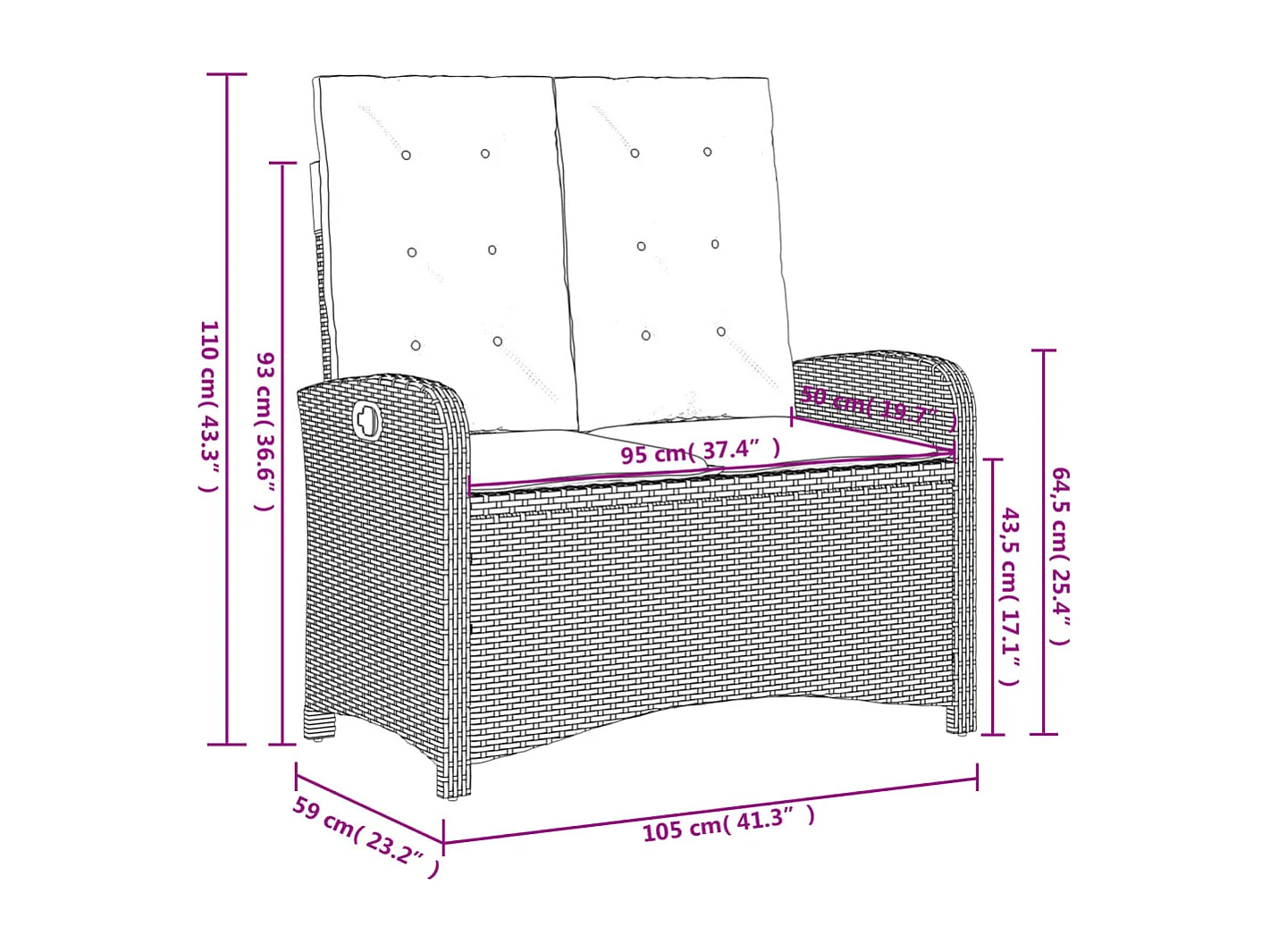 Banc inclinable de jardin avec coussins marron résine tressée