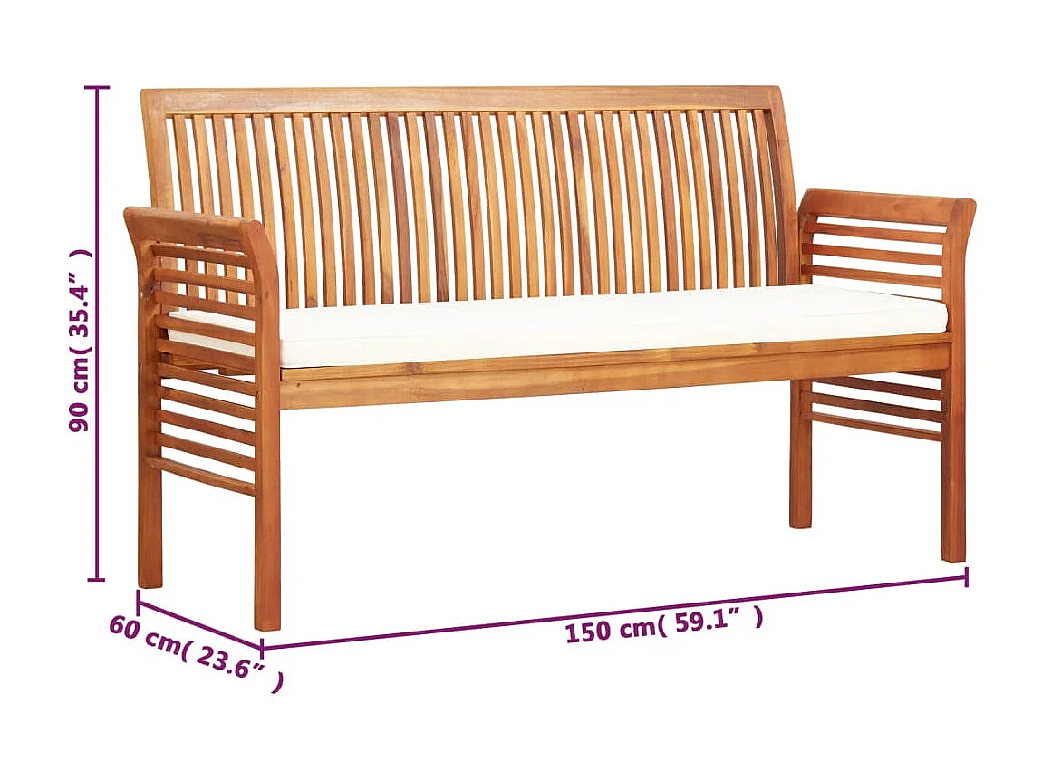 Banc de jardin 3 places avec coussin 150cm Bois d'acacia massif
