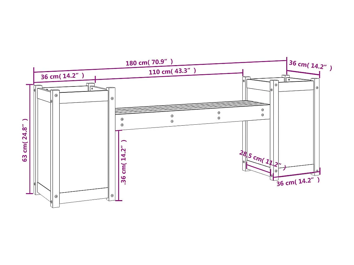 Banc avec jardinières noir 180x36x63 cm bois massif de pin
