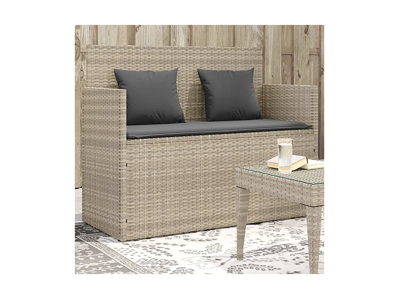 Panca da giardino con cuscini in resina intrecciata grigio chiaro