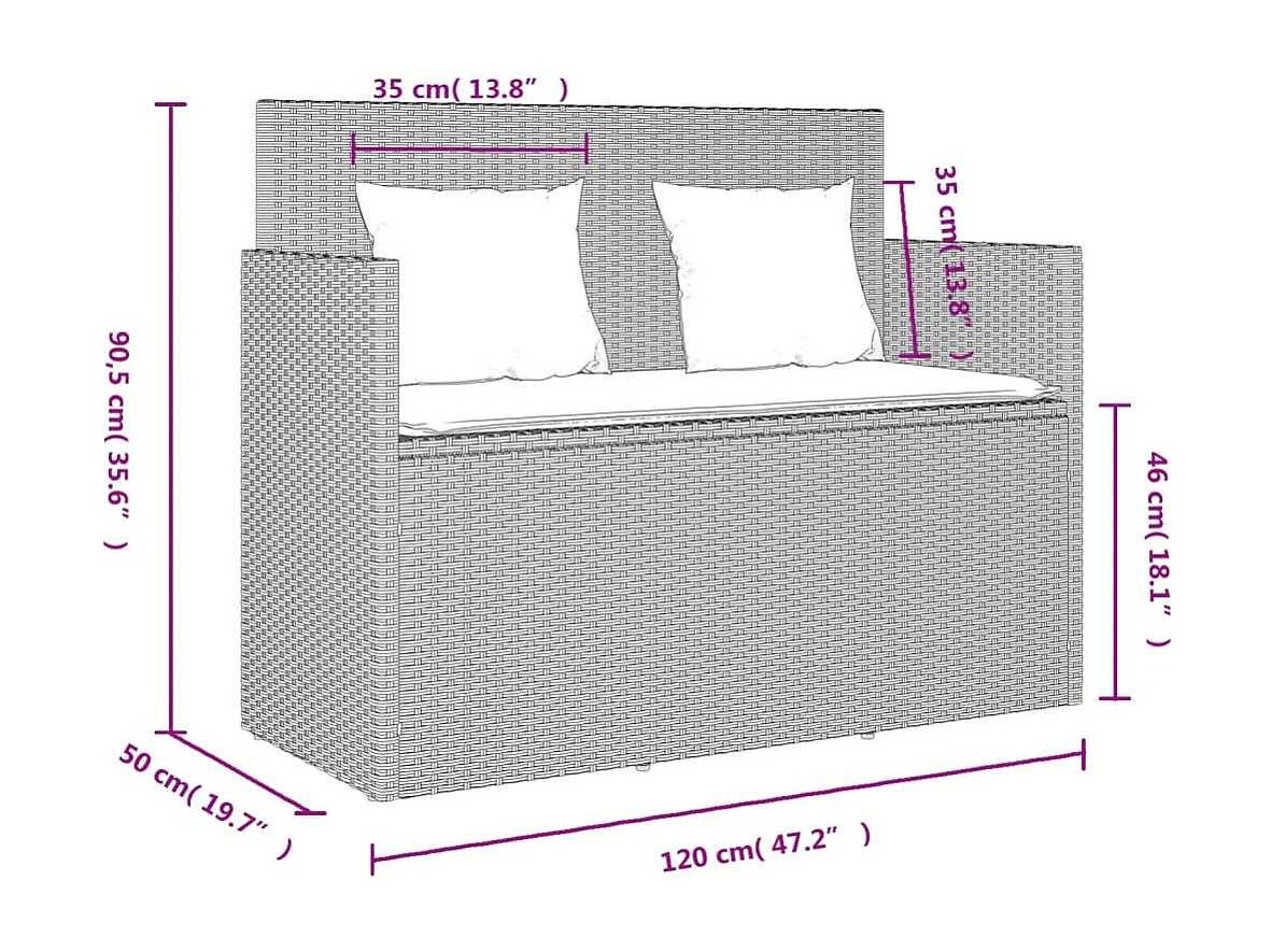 Panca da giardino con cuscini in resina intrecciata grigio chiaro