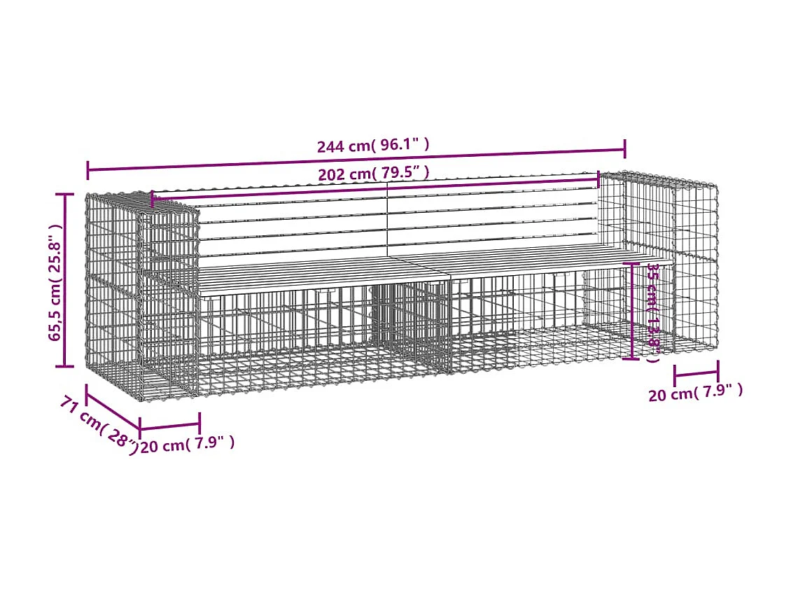 Panca da giardino design gabbione 244x71x65,5 cm in legno di pino impregnato