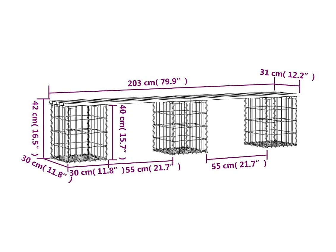 Banc de jardin design gabion 203x31x42cm bois massif de douglas