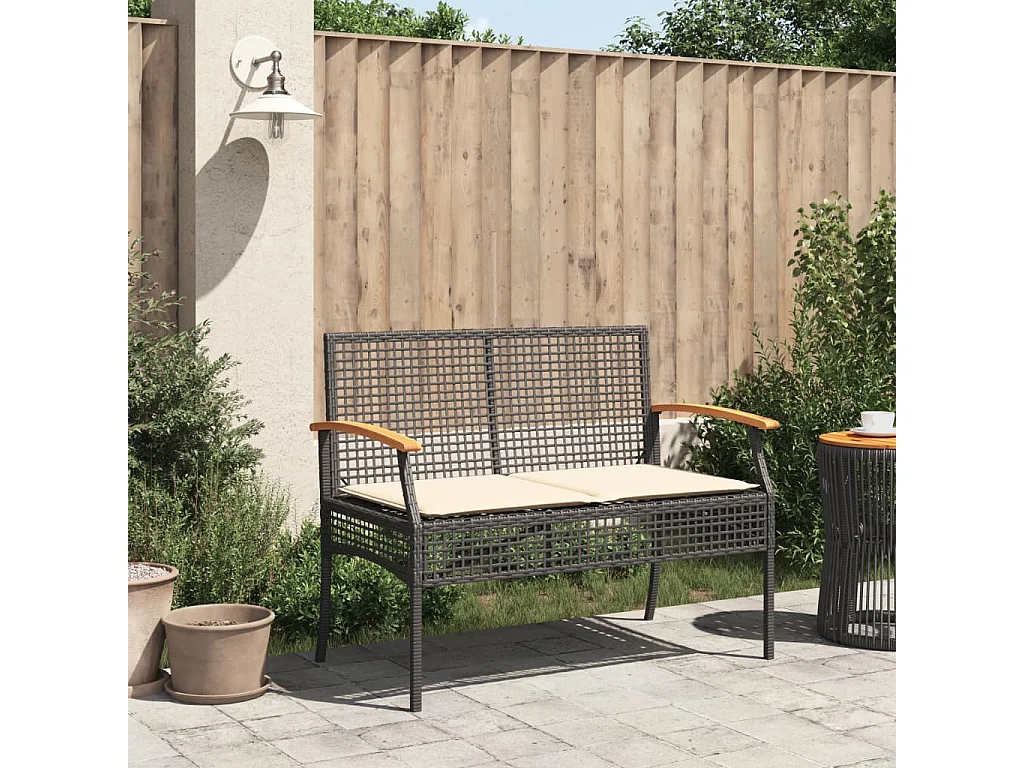 Panca da giardino con cuscino in resina intrecciata nera e acacia