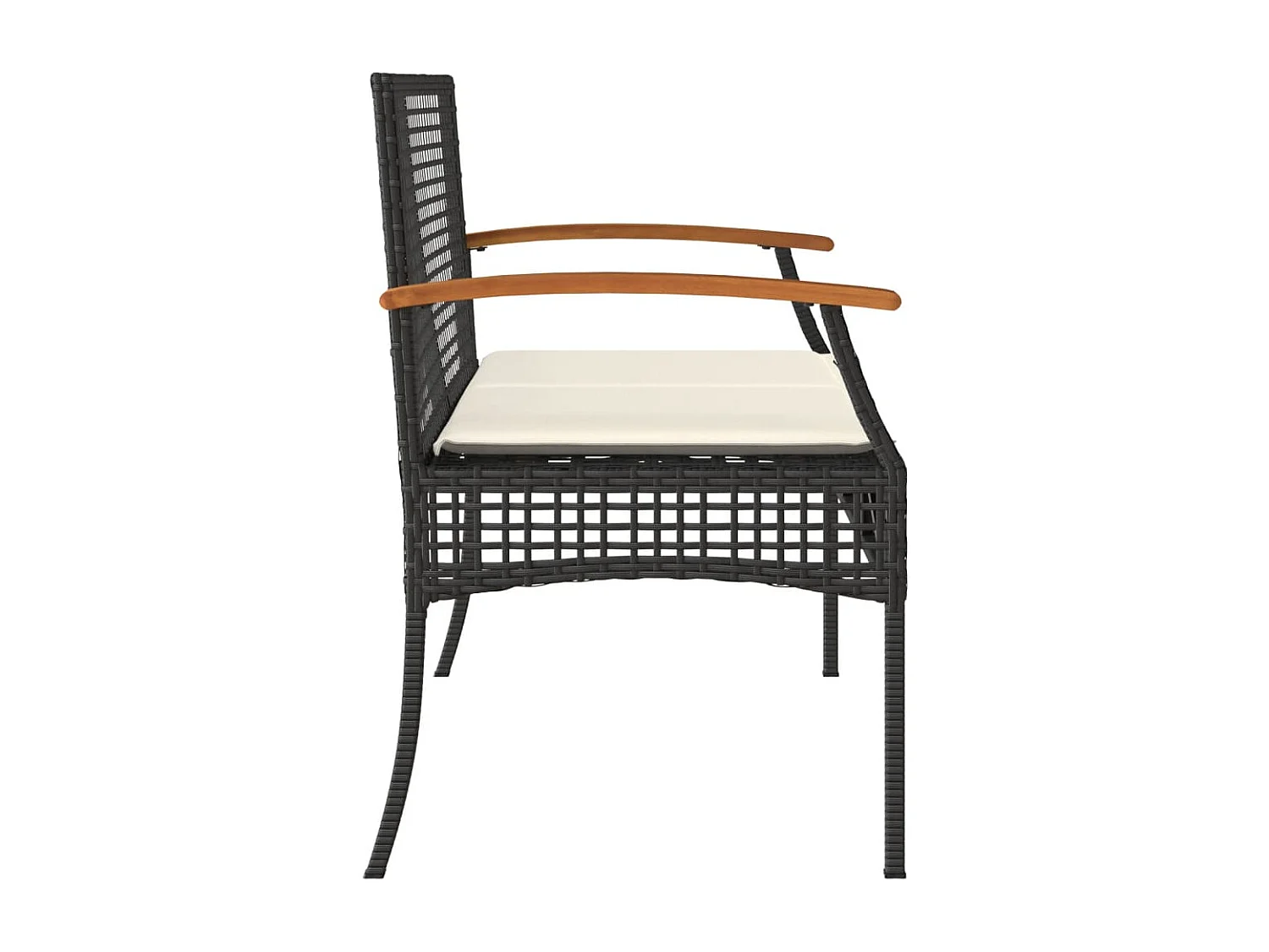 Panca da giardino con cuscino in resina intrecciata nera e acacia