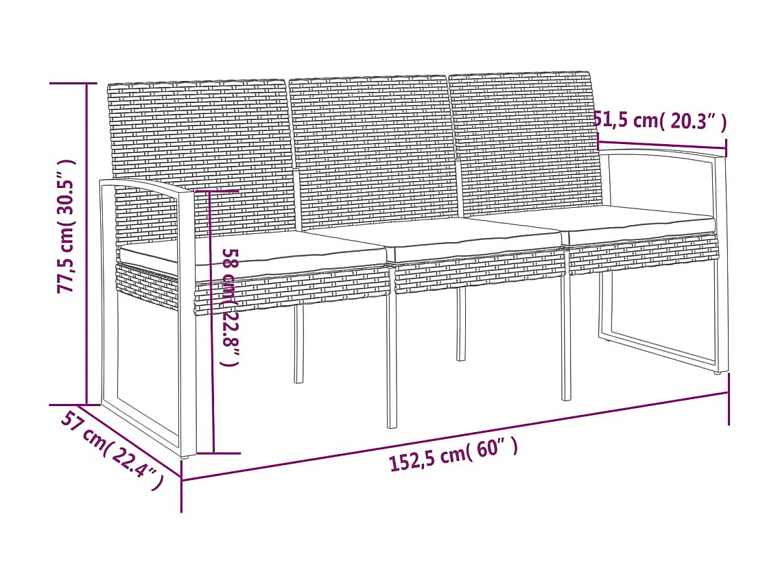 Banc de jardin à 3 places avec coussins noir rotin PP