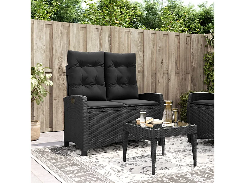 Panca da giardino reclinabile con cuscini in resina intrecciata nera