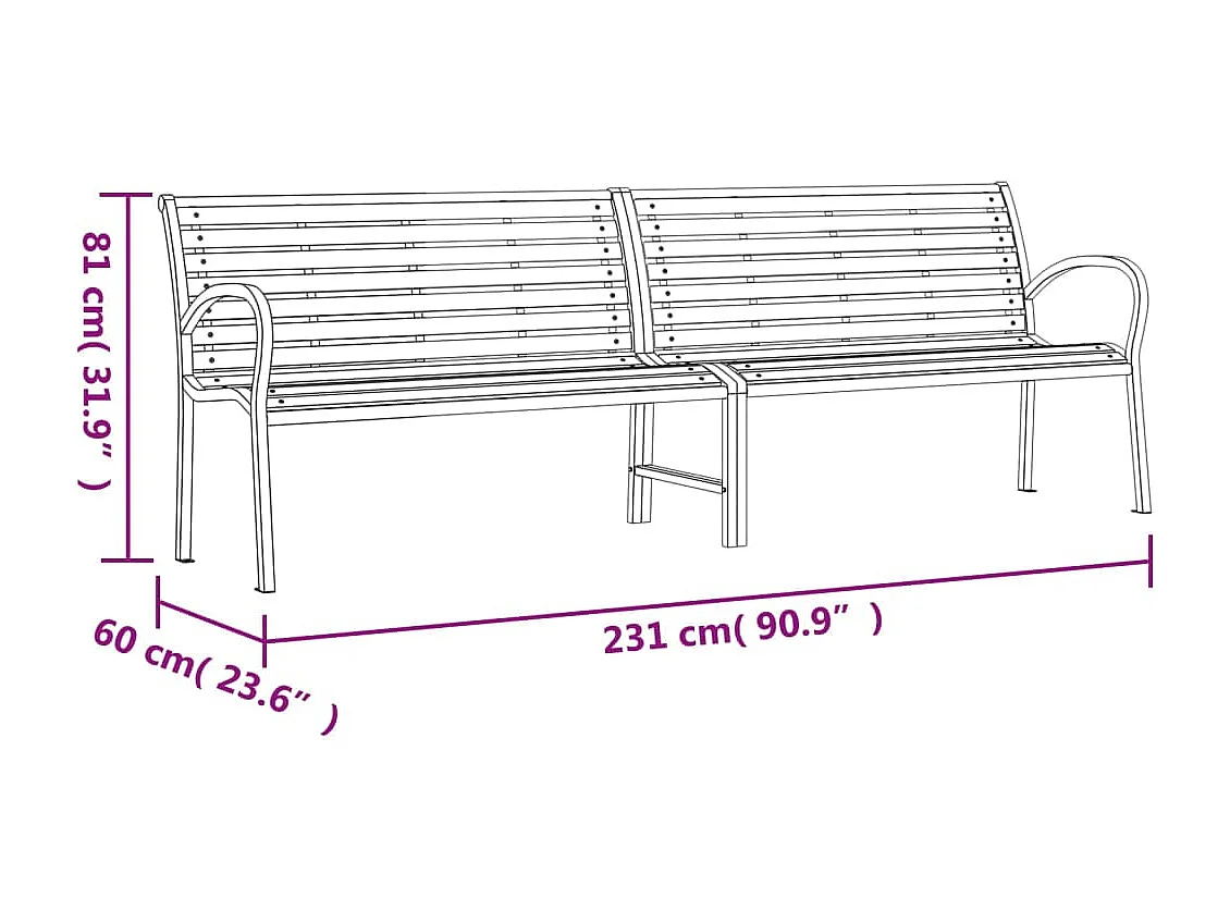 Panca da giardino doppia nera 231 cm in acciaio e WPC