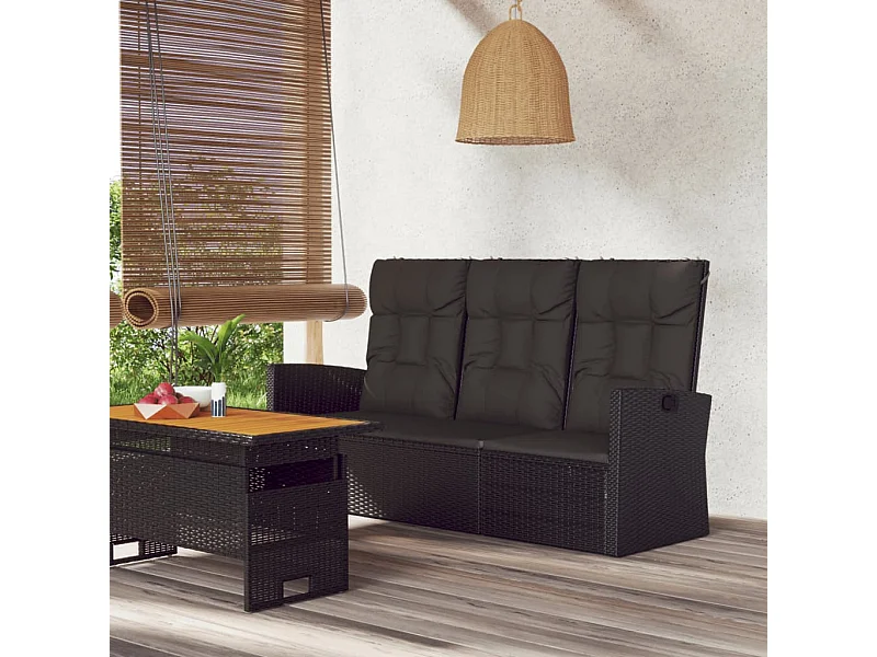 Banc de jardin inclinable et coussins noir 173cm résine tressée