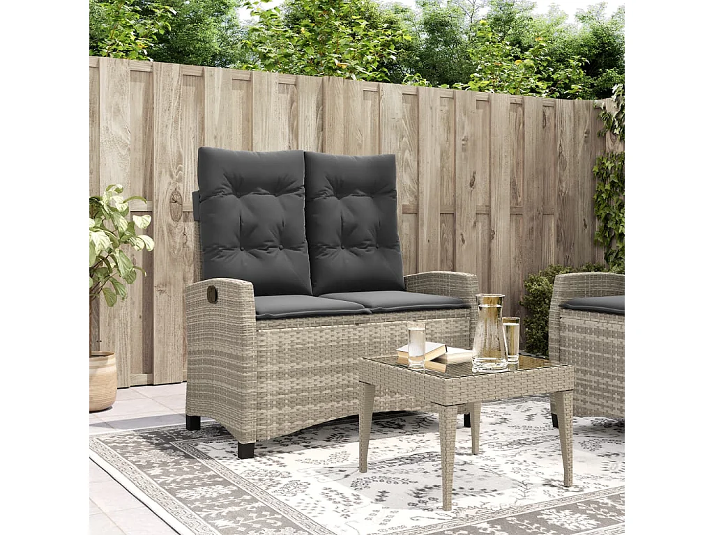 Panca da giardino reclinabile e cuscini in resina intrecciata grigio chiaro