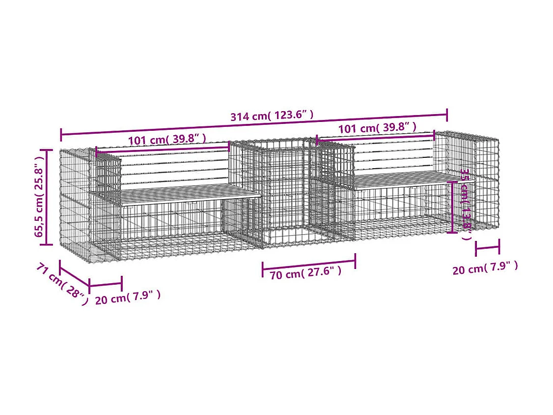 Banc de jardin avec panier en gabion bois massif de pin