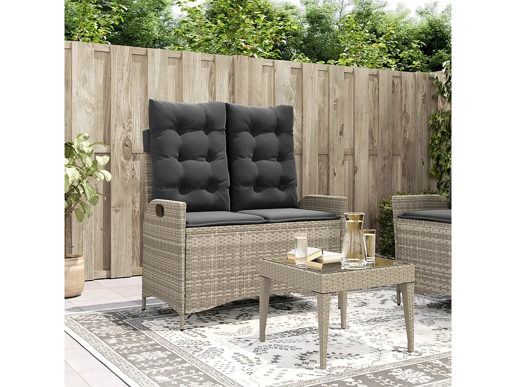 Panca da giardino reclinabile e cuscini in resina intrecciata grigio chiaro
