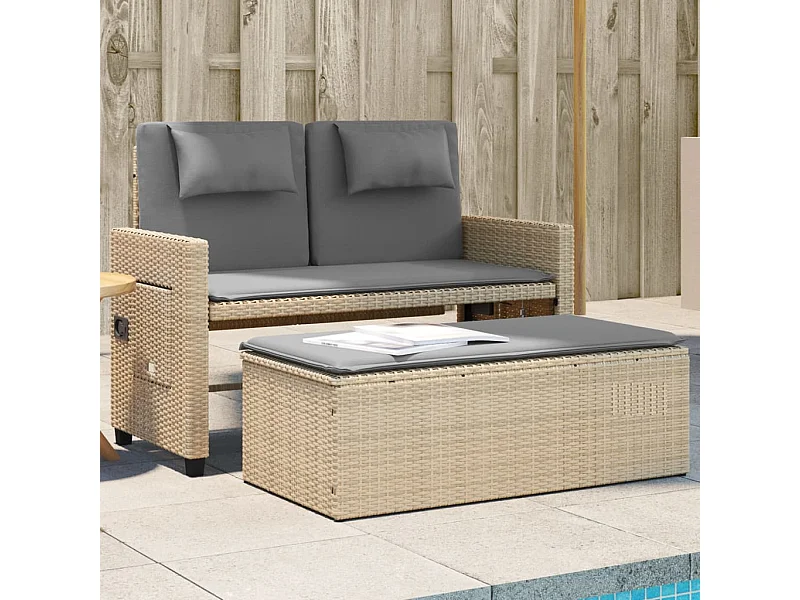 Banc inclinable de jardin avec coussins beige résine tressée