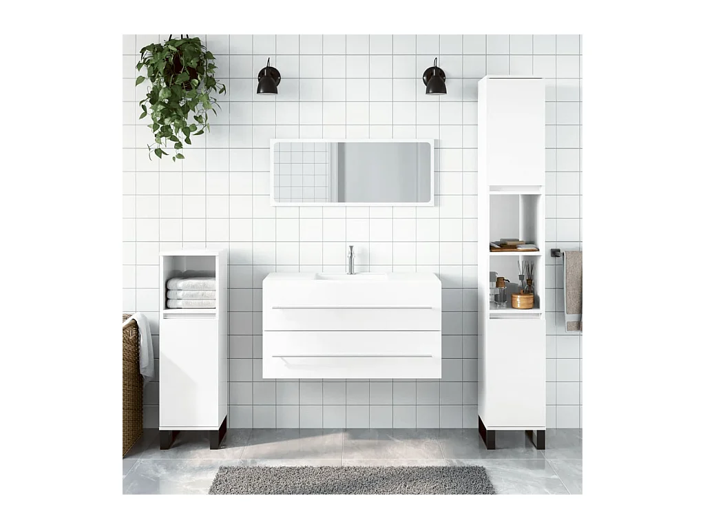Badschrank mit glänzend weißem Spiegel aus Holzwerkstoff