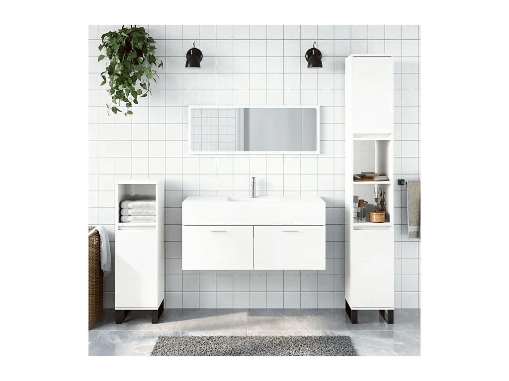 Badschrank mit glänzend weißem Spiegel aus Holzwerkstoff
