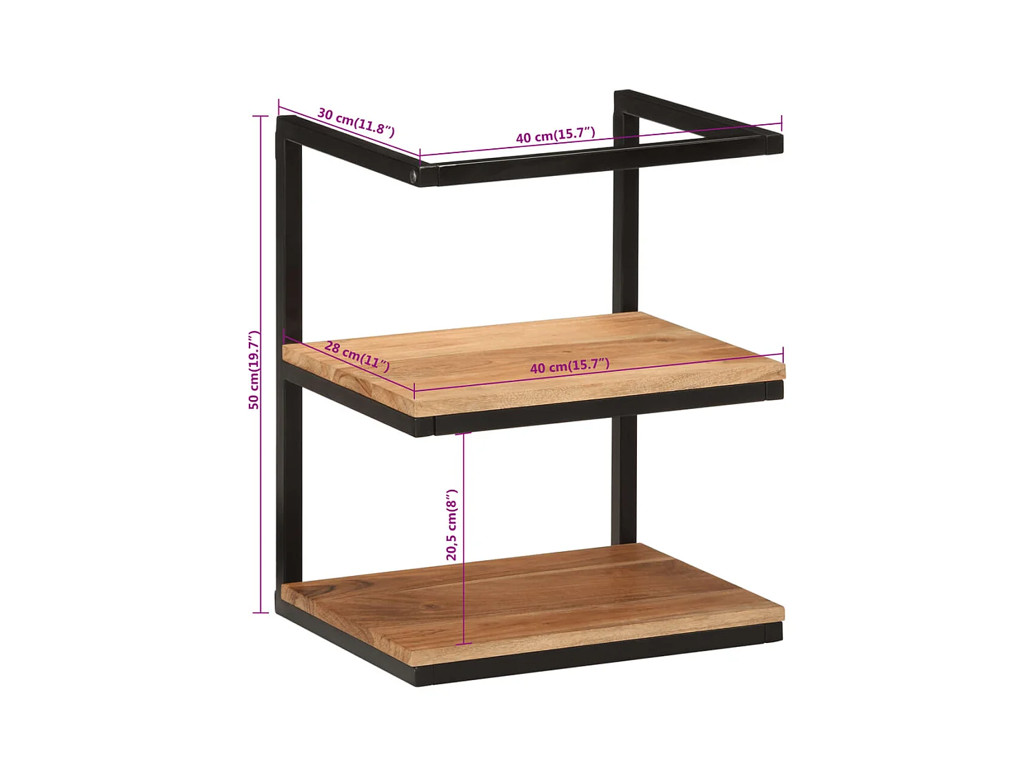 Wandplank 40x30x50 cm massief acaciahout en ijzer