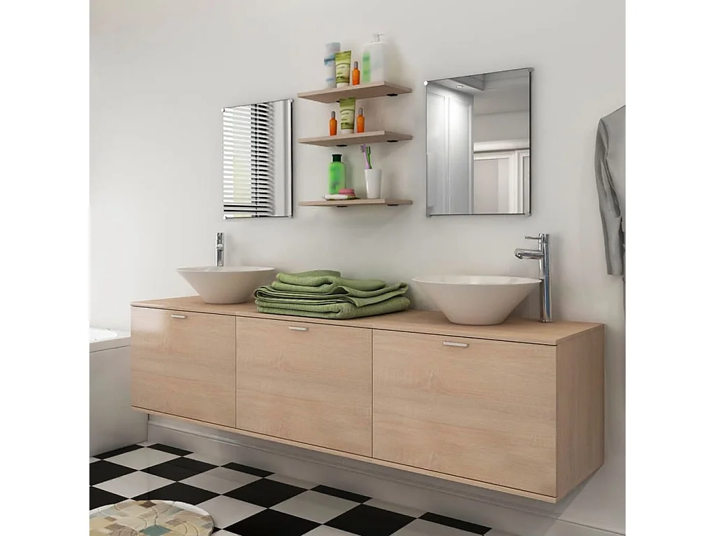8 pièces de mobilier de salle de bain et lavabo Beige