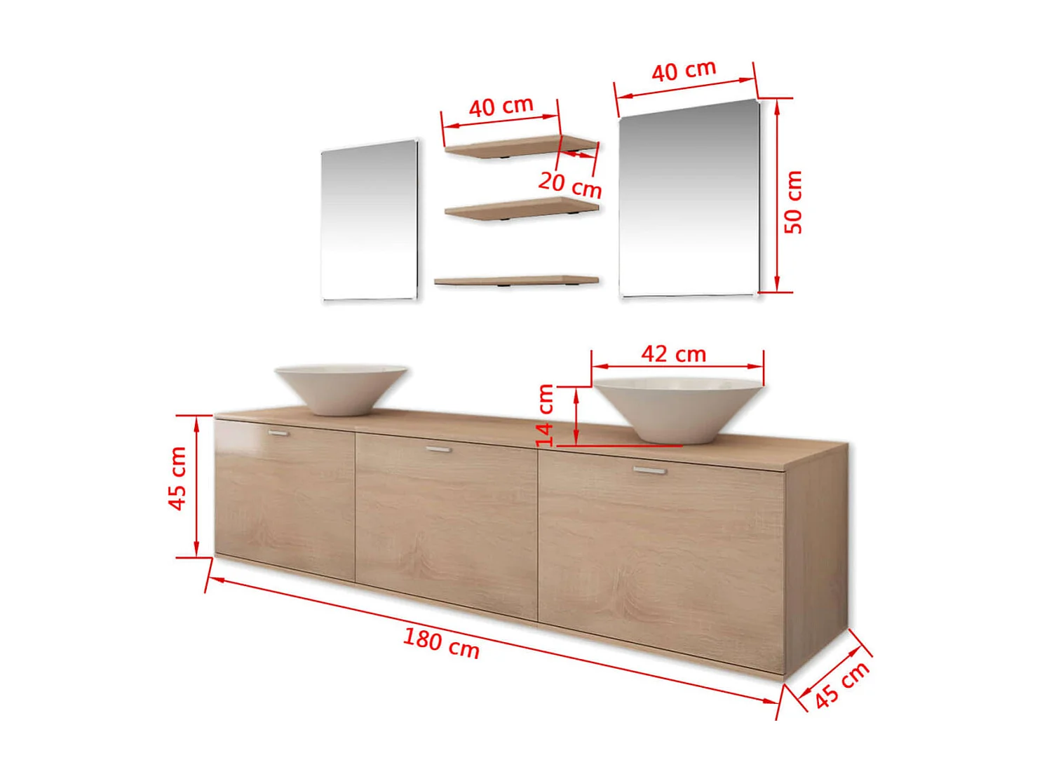 8 pièces de mobilier de salle de bain et lavabo Beige