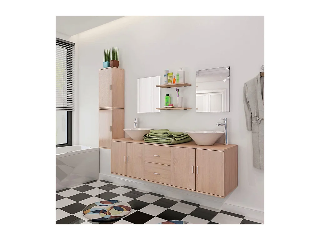 Mobilier de salle de bain avec lavabo 9 pcs Beige