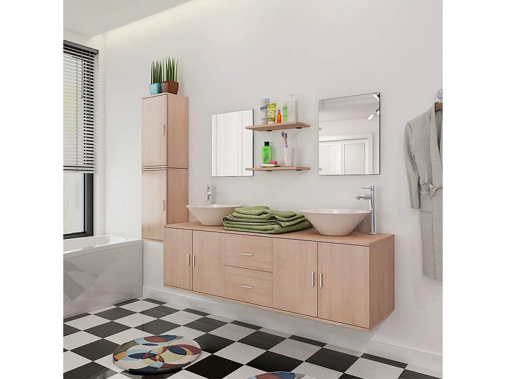 Mobilier de salle de bain avec lavabo 9 pcs Beige