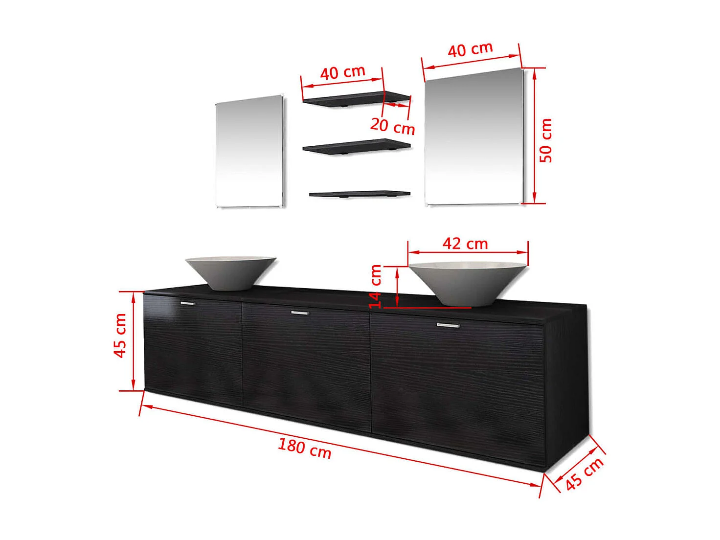 8 pièces de mobilier de salle de bain et lavabo Noir