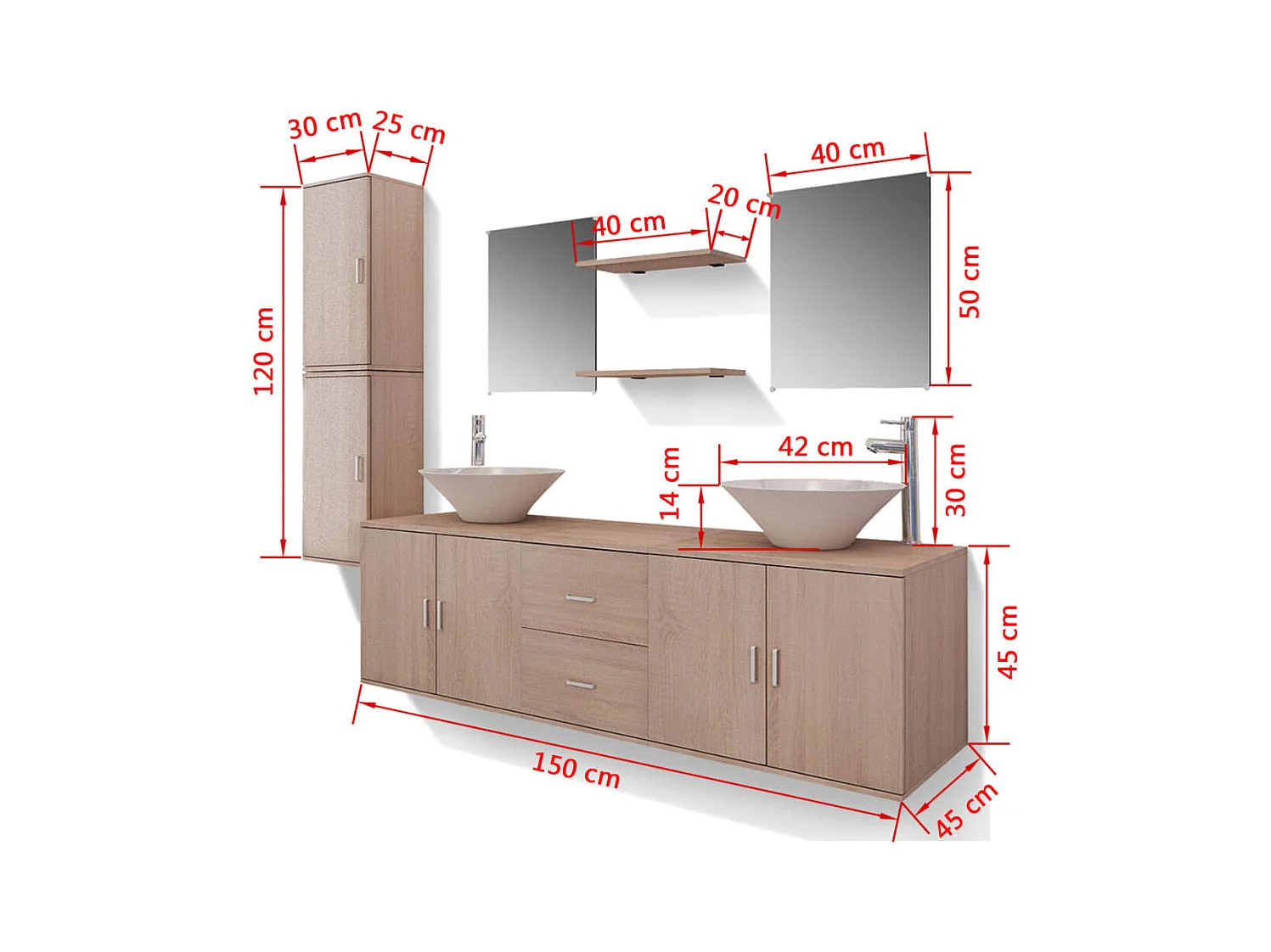 Meuble de salle de bain 11 pcs avec lavabo et robinet Beige