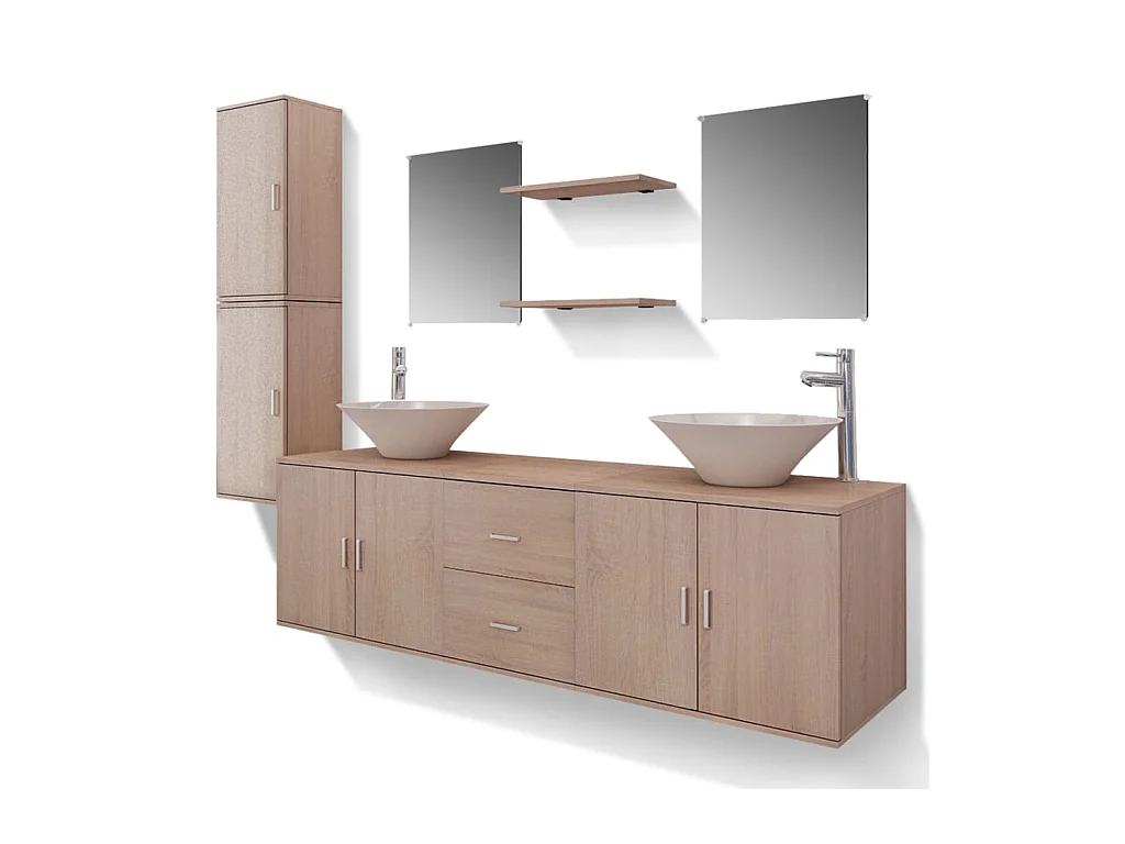 Meuble de salle de bain 11 pcs avec lavabo et robinet Beige