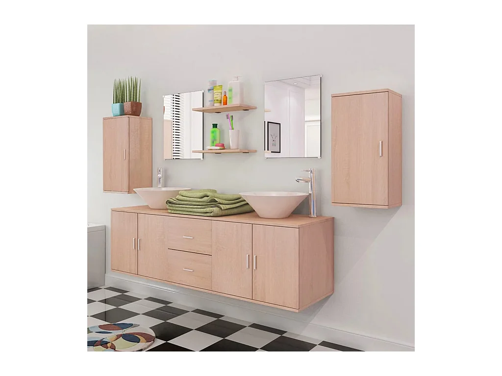 Meuble de salle de bain 11 pcs avec lavabo et robinet Beige