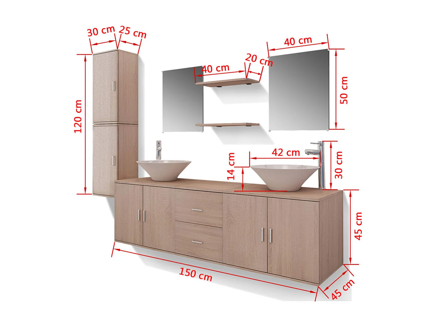 Meuble de salle de bain 11 pcs avec lavabo et robinet Beige