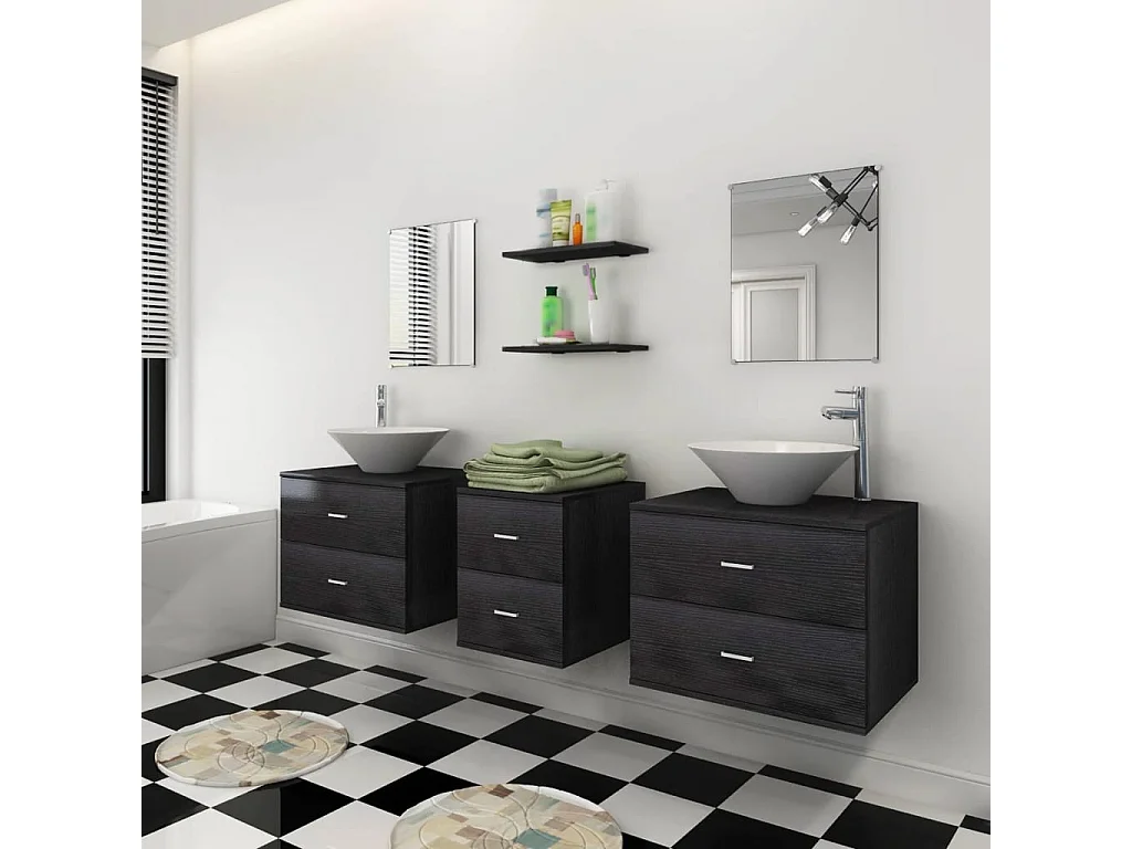 Meubles de salle de bain 9 pcs avec lavabo et robinet Noir
