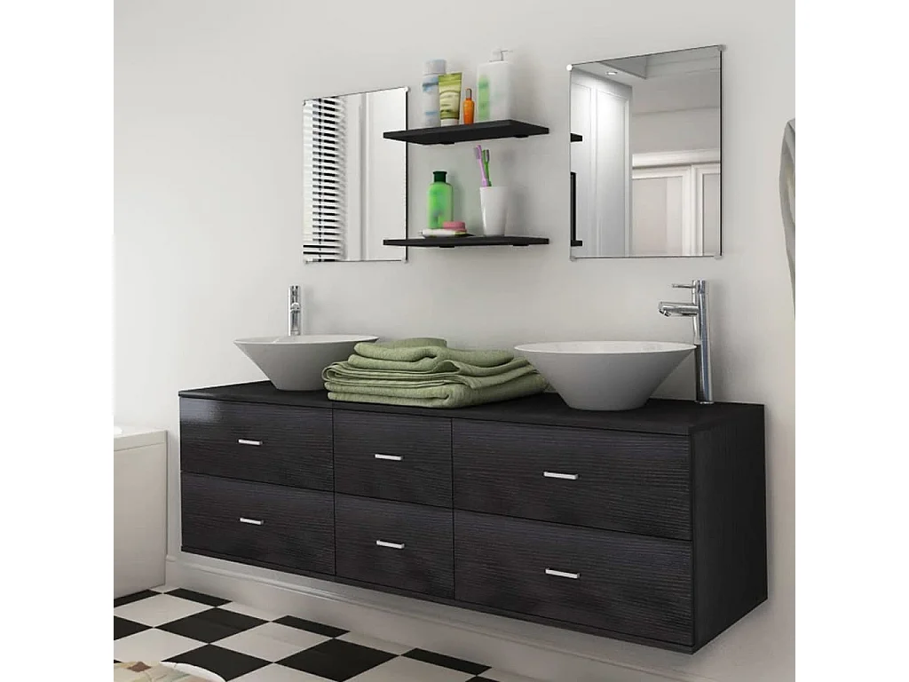 Meubles de salle de bain 9 pcs avec lavabo et robinet Noir