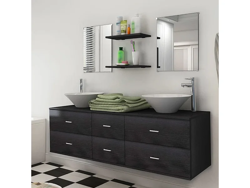 Meubles de salle de bain 9 pcs avec lavabo et robinet Noir