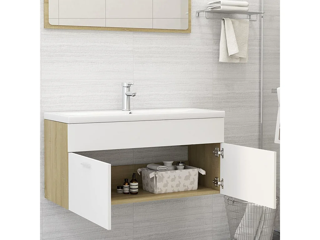 Armoire d'évier Blanc et chêne sonoma Bois d’ingénierie