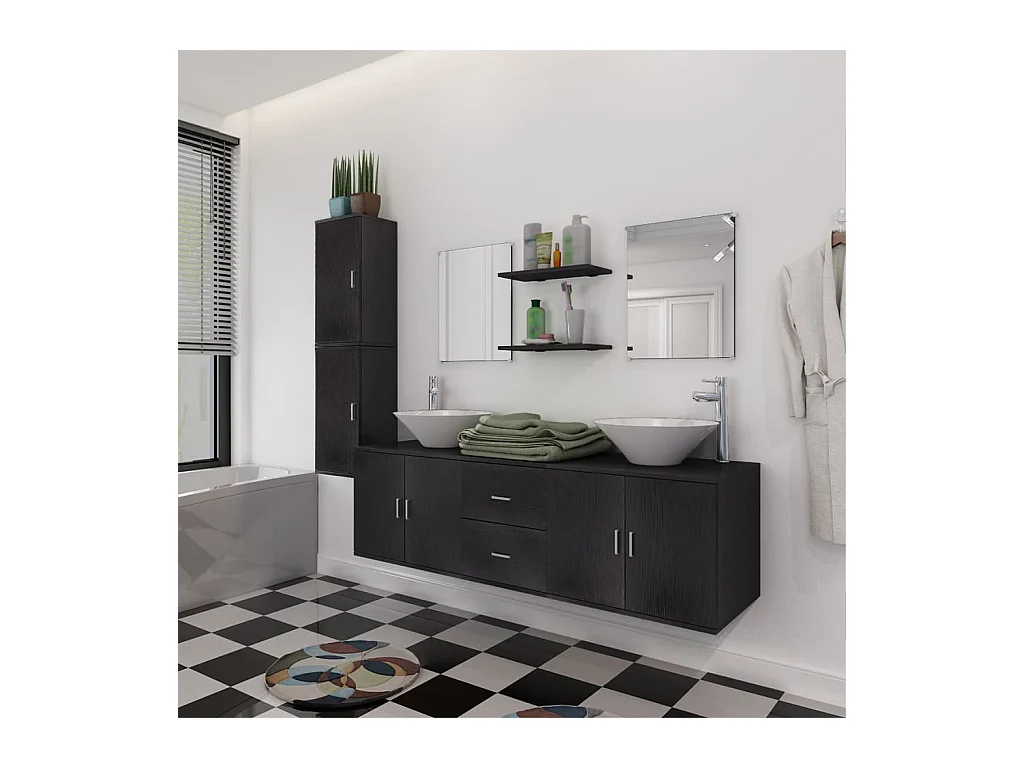 Meuble de salle de bain 11 pcs avec lavabo et robinet Noir