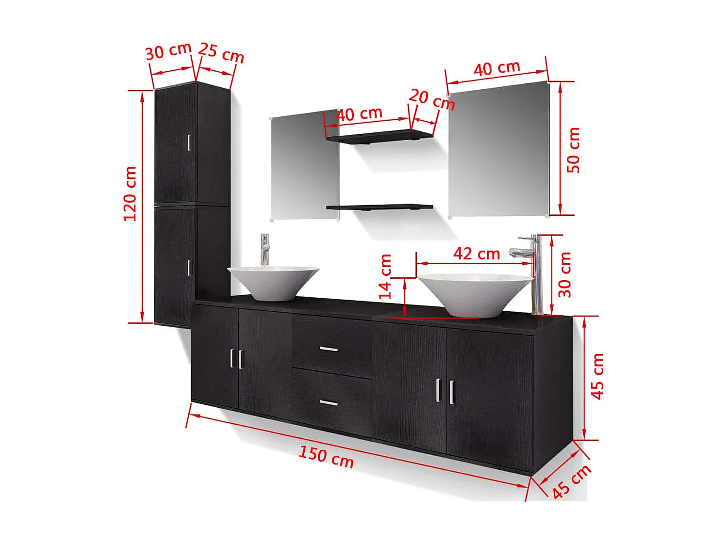 Meuble de salle de bain 11 pcs avec lavabo et robinet Noir