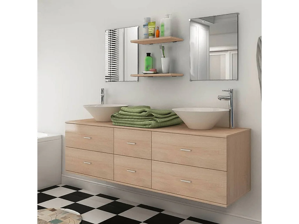 Meuble de salle de bain 9 pcs avec lavabo et robinet Beige