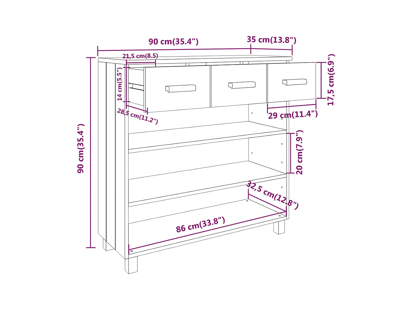 Mesa consola HAMAR Blanco 90x35x90 cm Madera maciza de pino