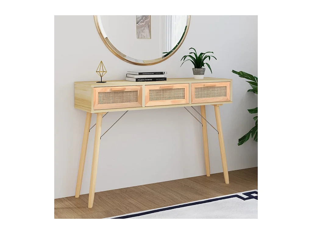 Table console Marron 105x30x75cm Bois massif pin /rotin naturel