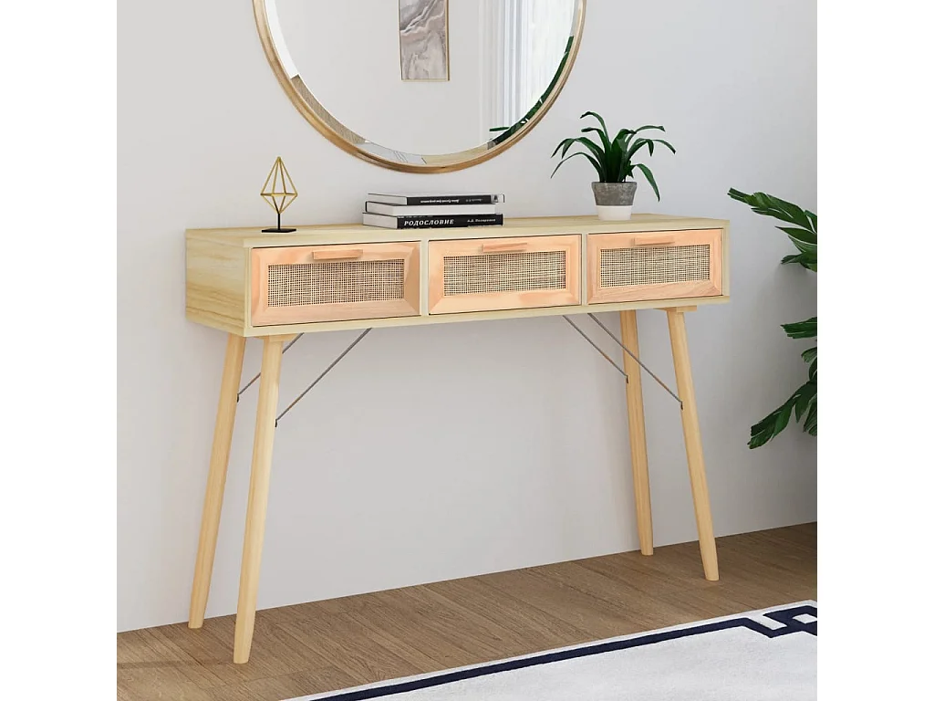 Mesa consola castanha 105x30x75cm Madeira maciça de pinho/rattan natural